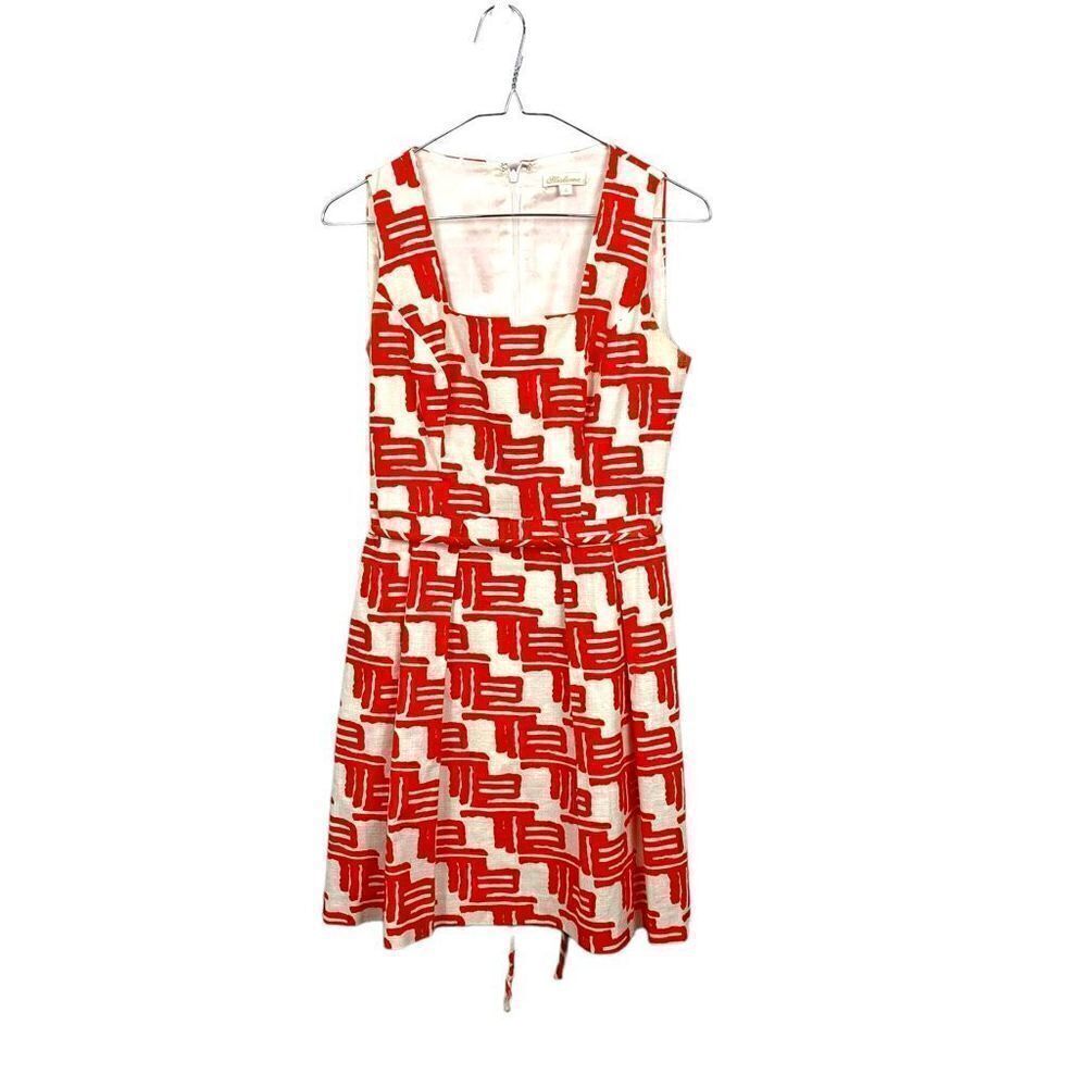 Shoshanna Orange White Square Neck Sleeveless Dress